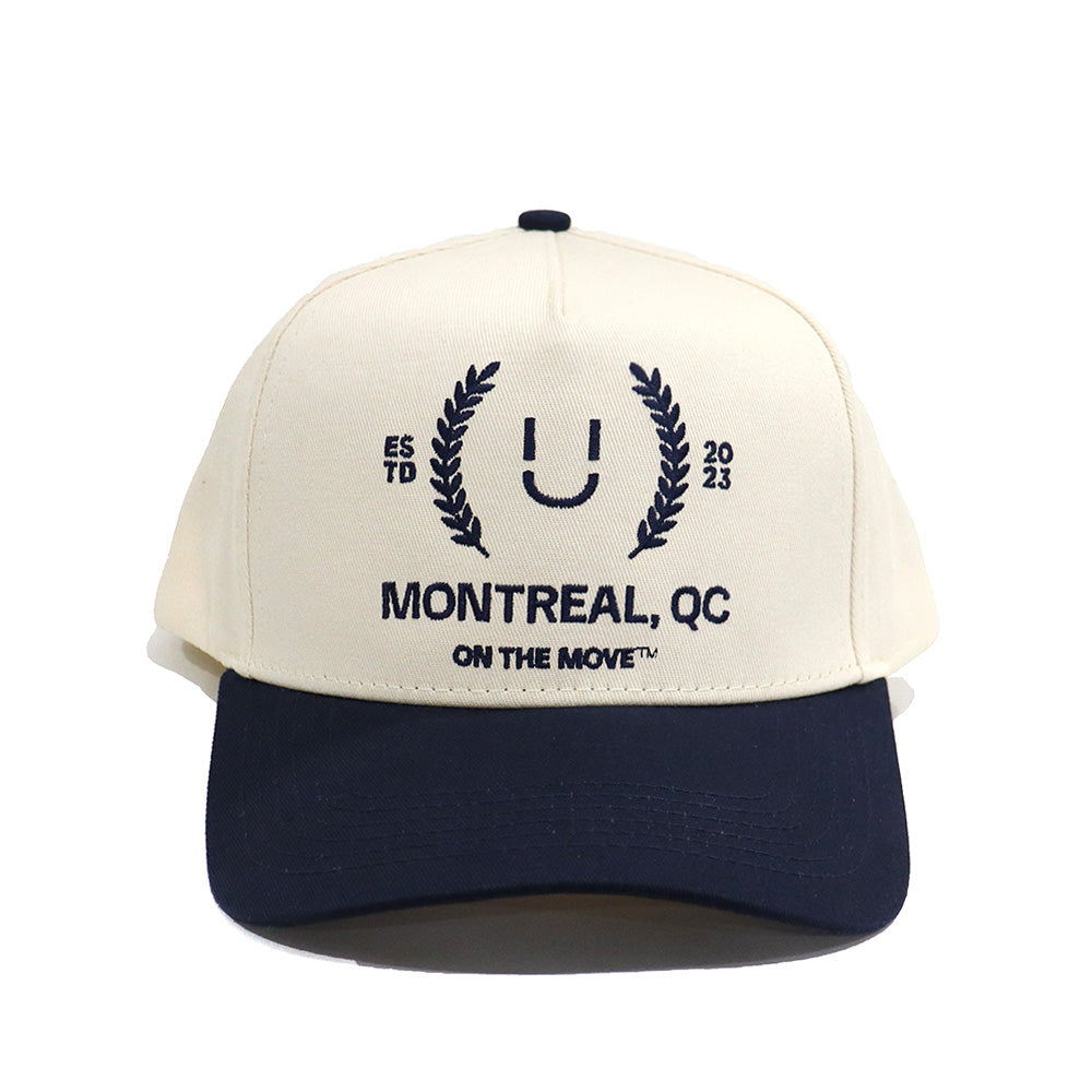 Casquette Ü CAP Montréal QC crème visière marine lauriers vue de face #c_montreal